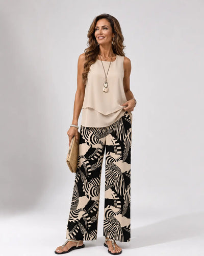 Ignacia™ | Beige Blouse and Botanical Pants Set